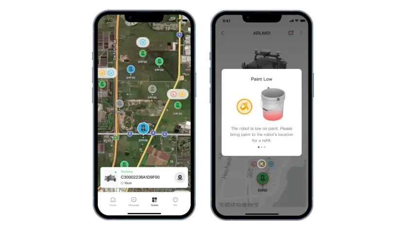 Two phones showing a map app; one with a location map, the other with a nearby place details pop-up.