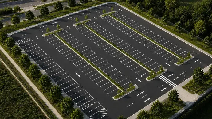 Aerial view of an empty parking lot with yellow-lined spaces and surrounding trees