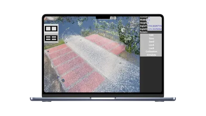 Laptop displaying a 3D editing workspace with a textured road or walkway scene