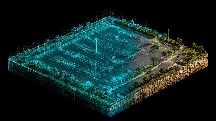 3D point-cloud rendering of a flat site plan in cyan and gold on a black background