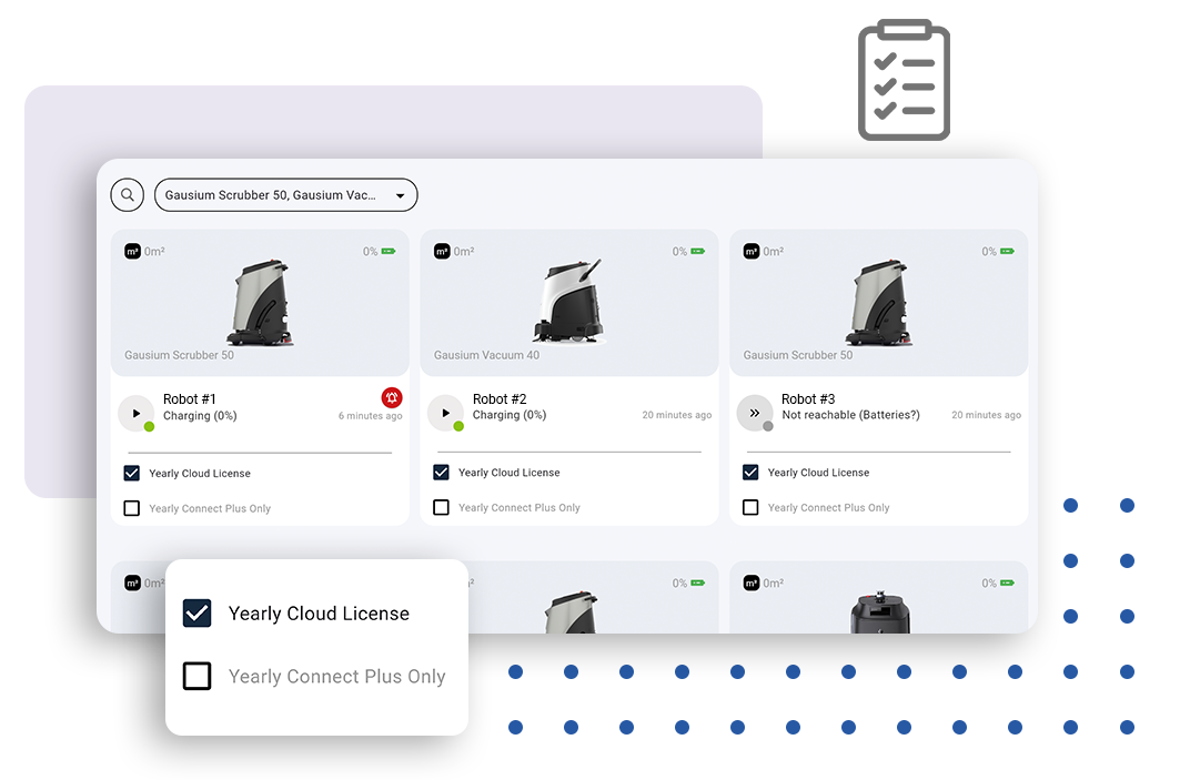 Light gray dashboard with product cards and a small checklist pop-up on a white background