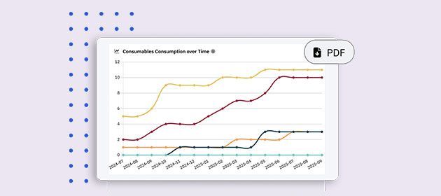 Line chart dashboard with multiple colored trend lines and a PDF button in the top right.