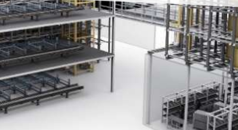 Worker in a warehouse operating a white automated cart between tall blue storage racks.