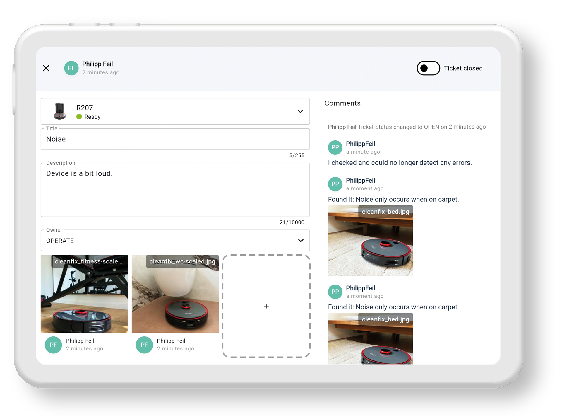 Web app dashboard showing a car listing with thumbnails and a comments feed on the right