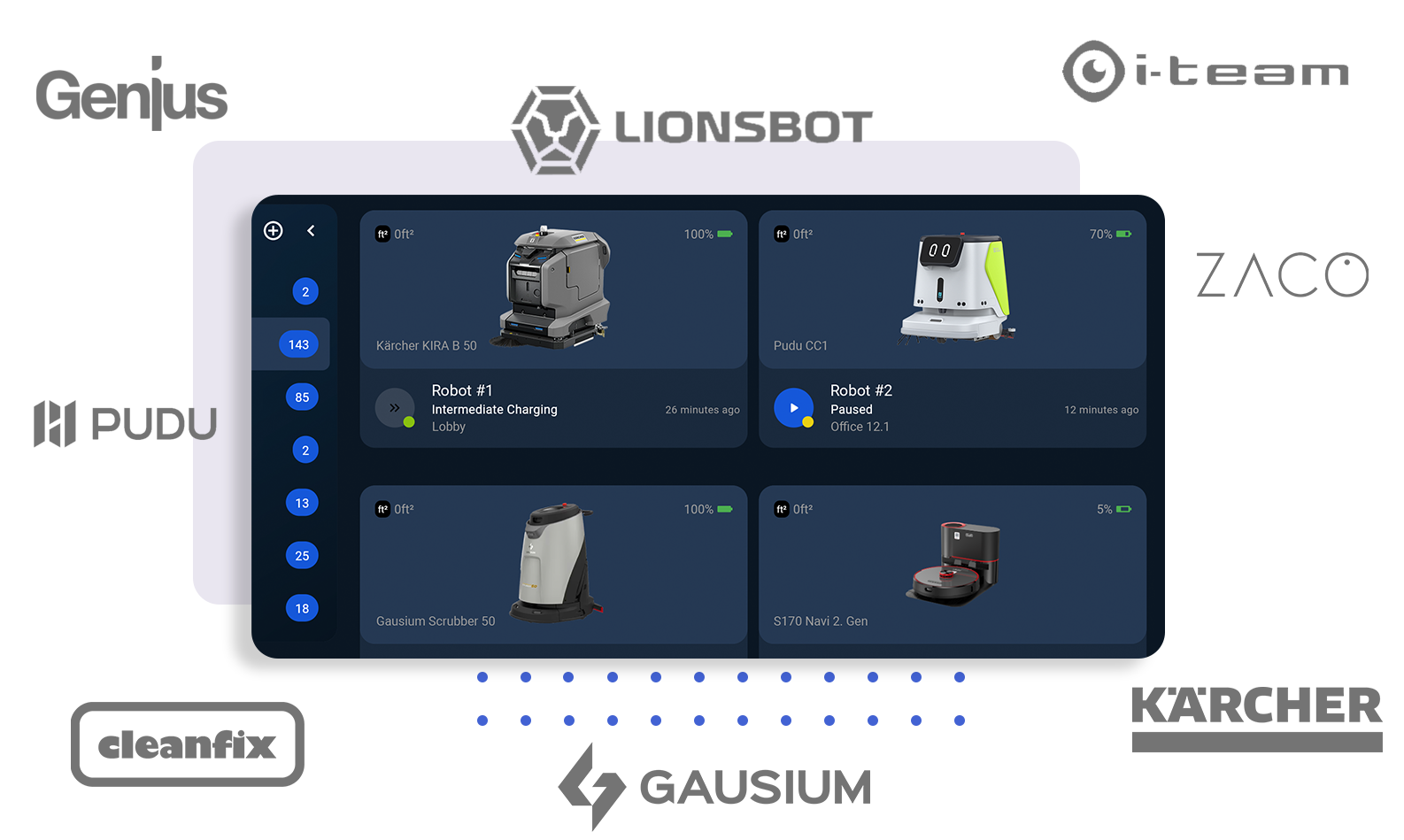 Smartphone dashboard for cleaning robots, surrounded by partner logos on a white background