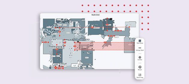 Floor plan map with gray rooms, red measurement markers, and a vertical toolbar on the right.