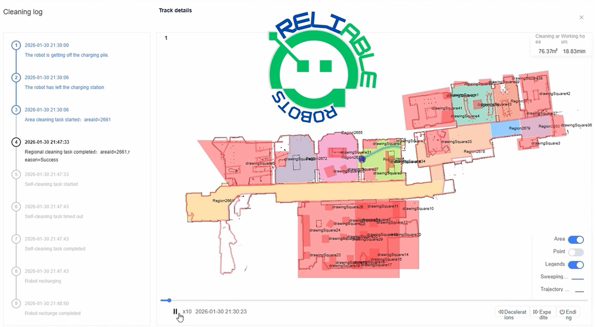 Annotated building floor plan with colored room sections and a green circular logo at the top center