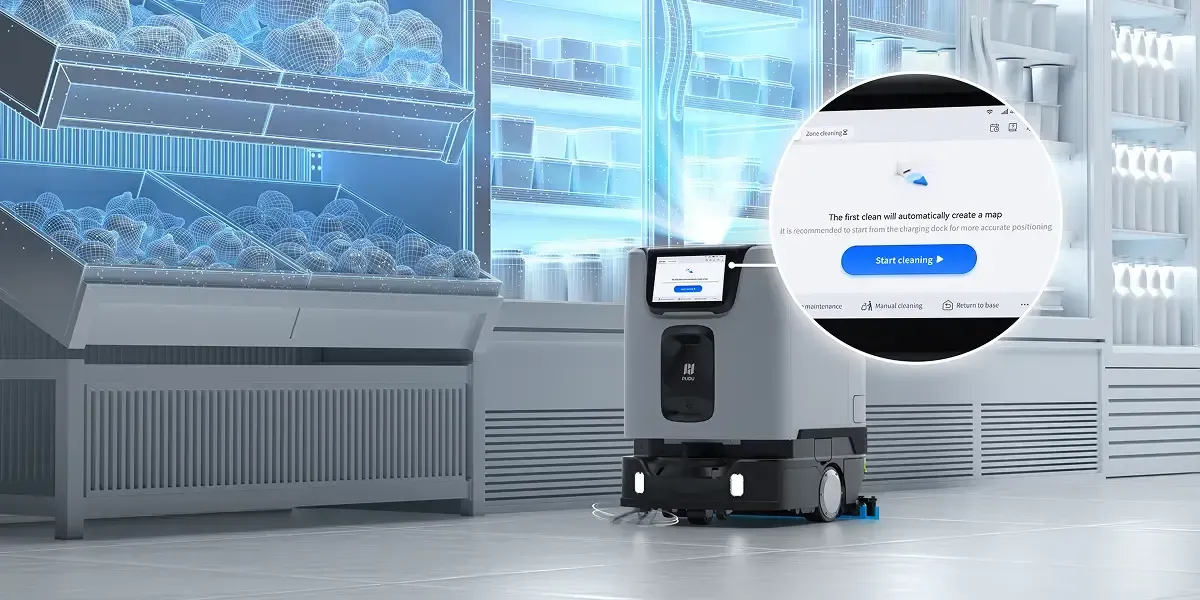 Worker in a warehouse operating a white automated cart between tall blue storage racks.