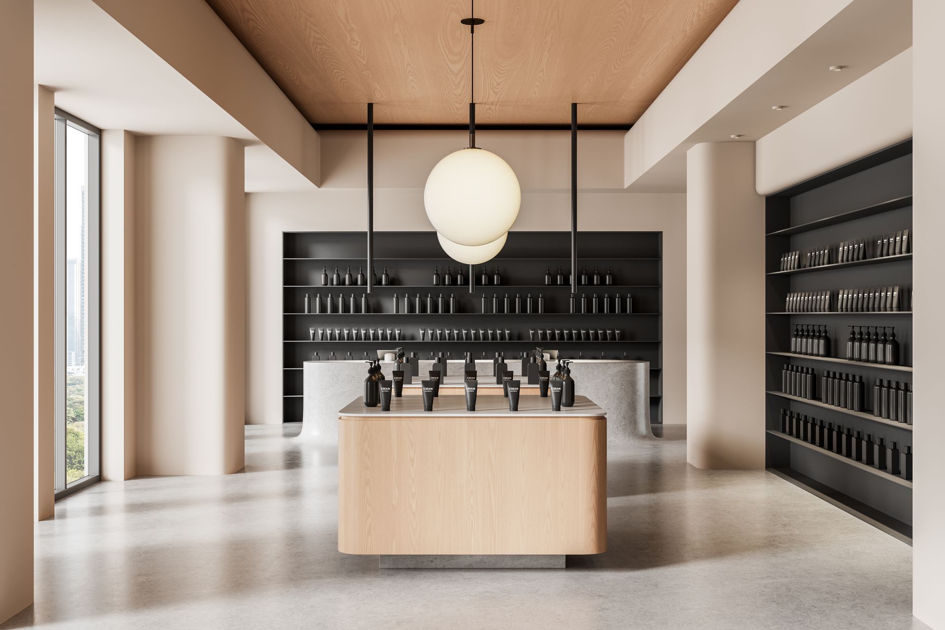 Modern minimalist café interior with central counter, shelves, and pendant globe light