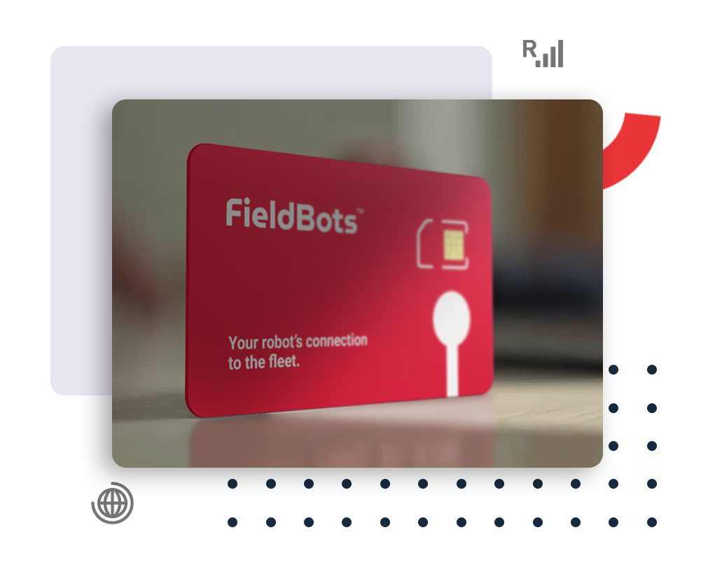 Red FieldBots card with white logo and text on a light tech-themed background