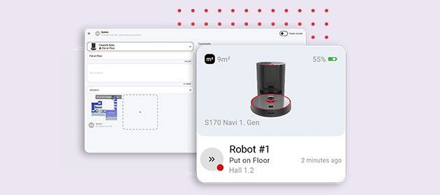 Desktop app window showing a 3D robot model preview on a light pink background