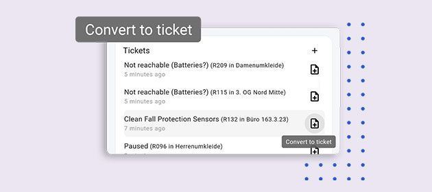 “Convert to ticket” panel showing a list of tickets with a “Convert to issue” button on a purple dotted background