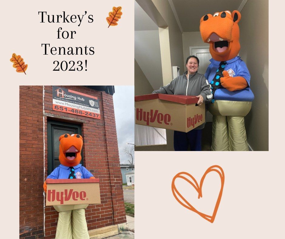 Text Turkey's for Tenants 2023. Housing Hub Mascot, Hubbs, with HyVee Employee holding box of frozen turkeys.