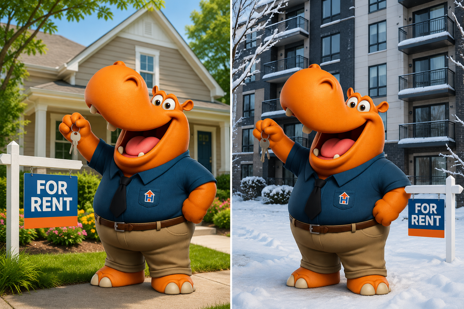 Two-panel image of a Housing Hub hippo mascot holding keys beside “For Rent” signs, with a rental house in summer on the left and an apartment building in winter on the right.