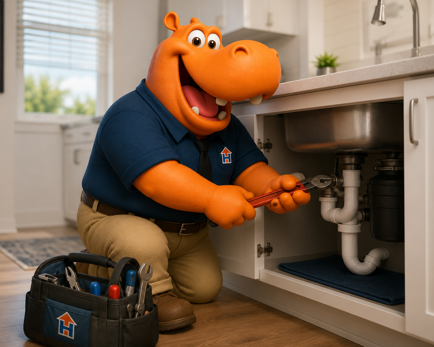 An orange hippo mascot wearing a Housing Hub uniform repairs a kitchen sink with a wrench, kneeling beside an open cabinet with a tool bag nearby.