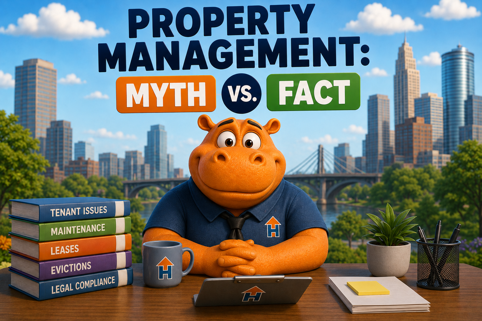An orange hippo mascot in a Housing Hub uniform sits at a desk with a city skyline behind him, surrounded by books on tenant issues, maintenance, leases, evictions, and legal compliance, with “Property Management: Myth vs. Fact” displayed above.
