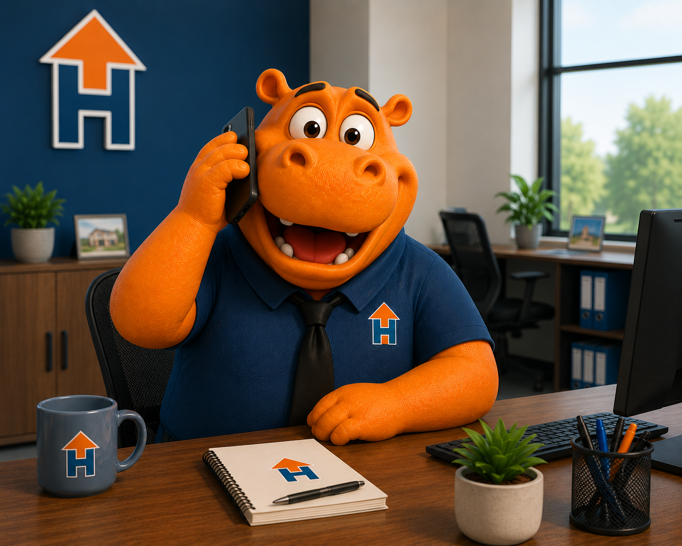 A friendly orange hippo mascot wearing a Housing Hub shirt and tie sits at a desk in an office, holding a phone while surrounded by Housing Hub-branded items.