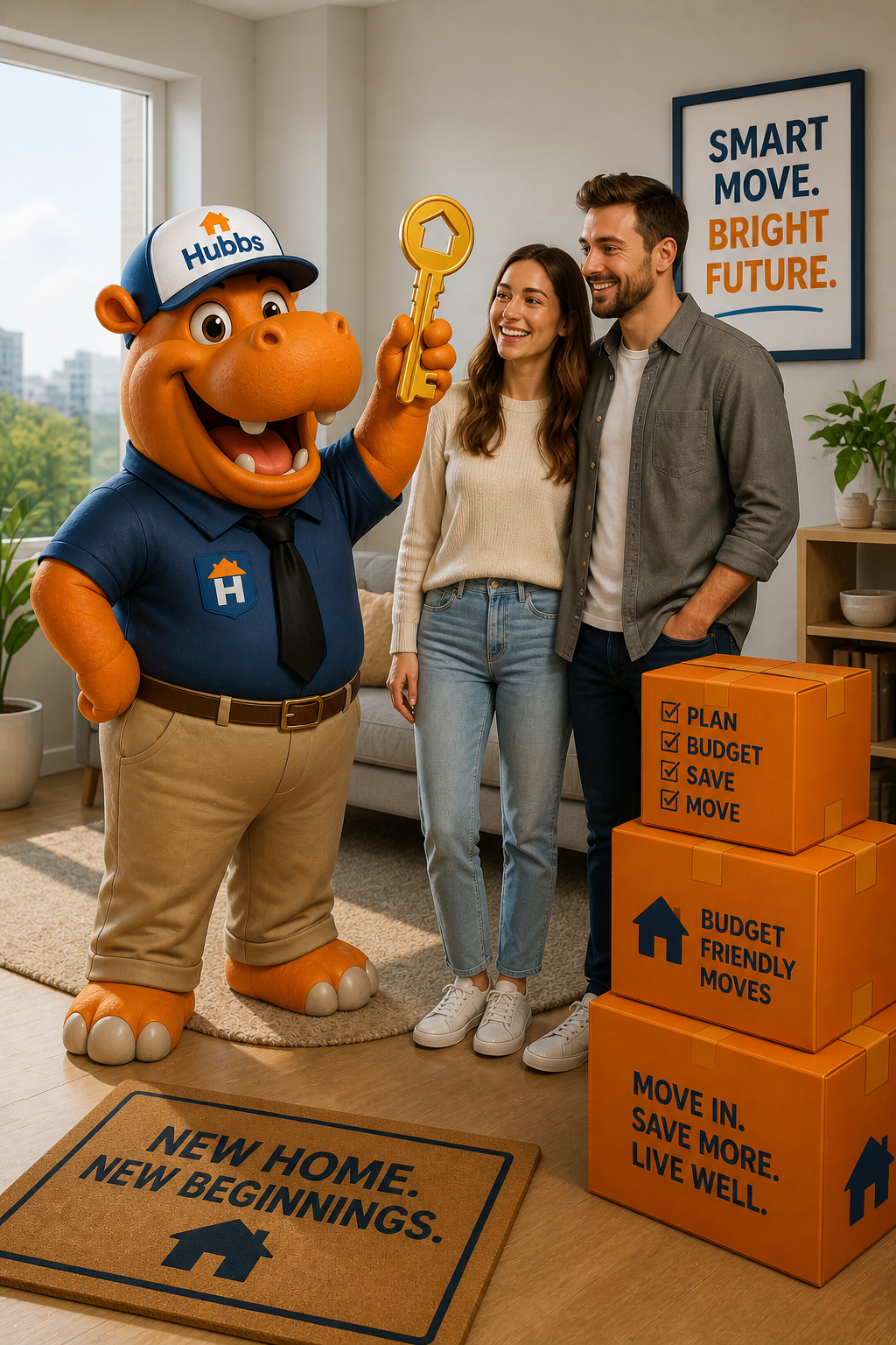 Hubbs the mascot holding key with renters.