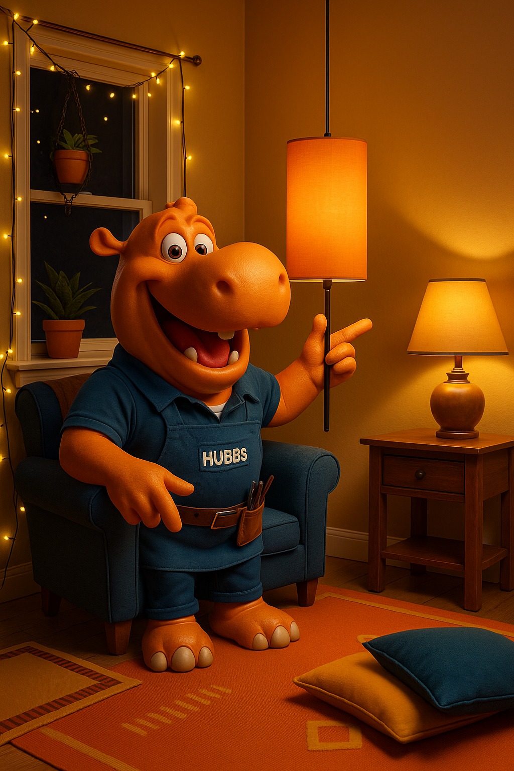 Hubbs Mascot in dim lit room