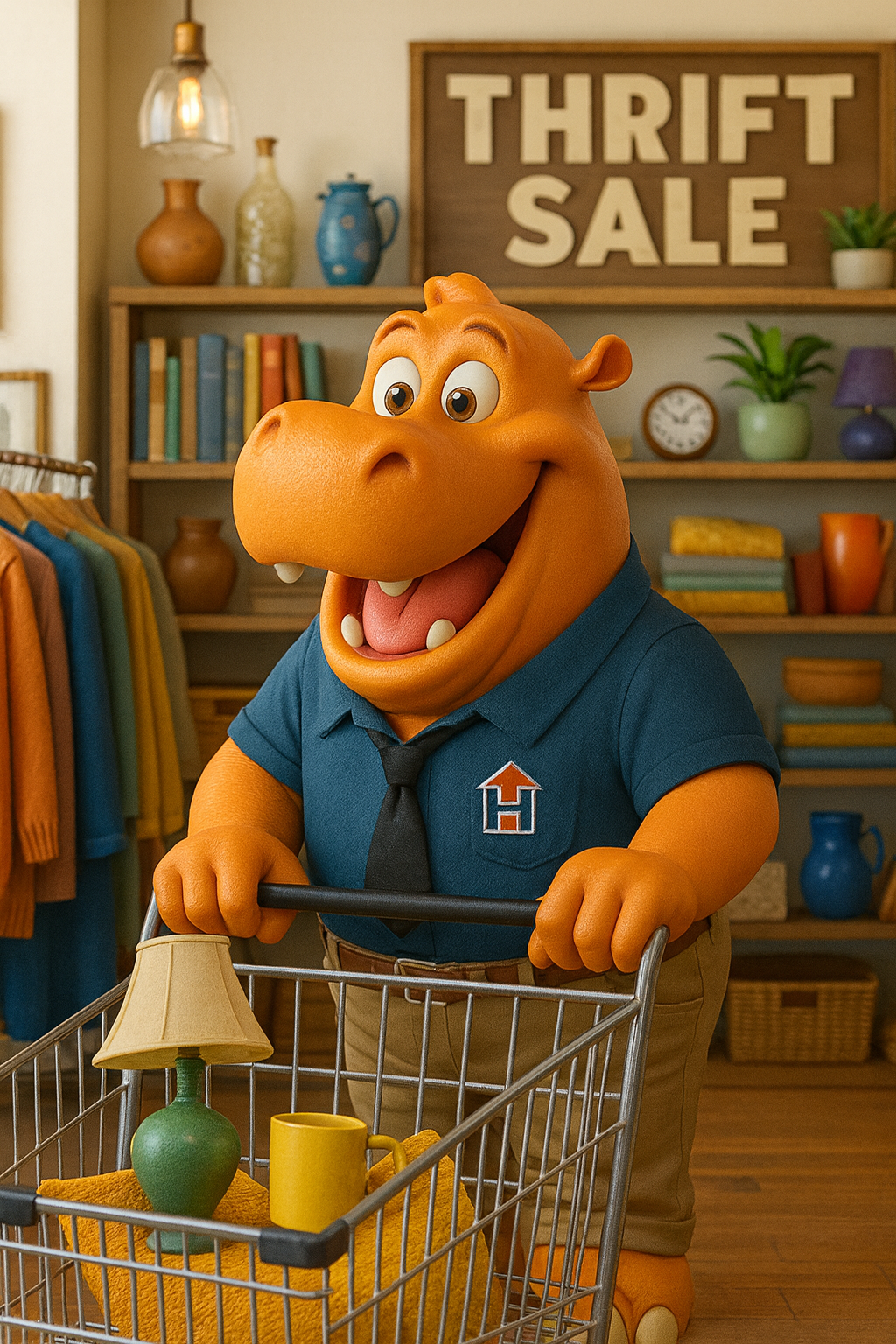 Hubbs mascot at thrift store pushing shopping cart