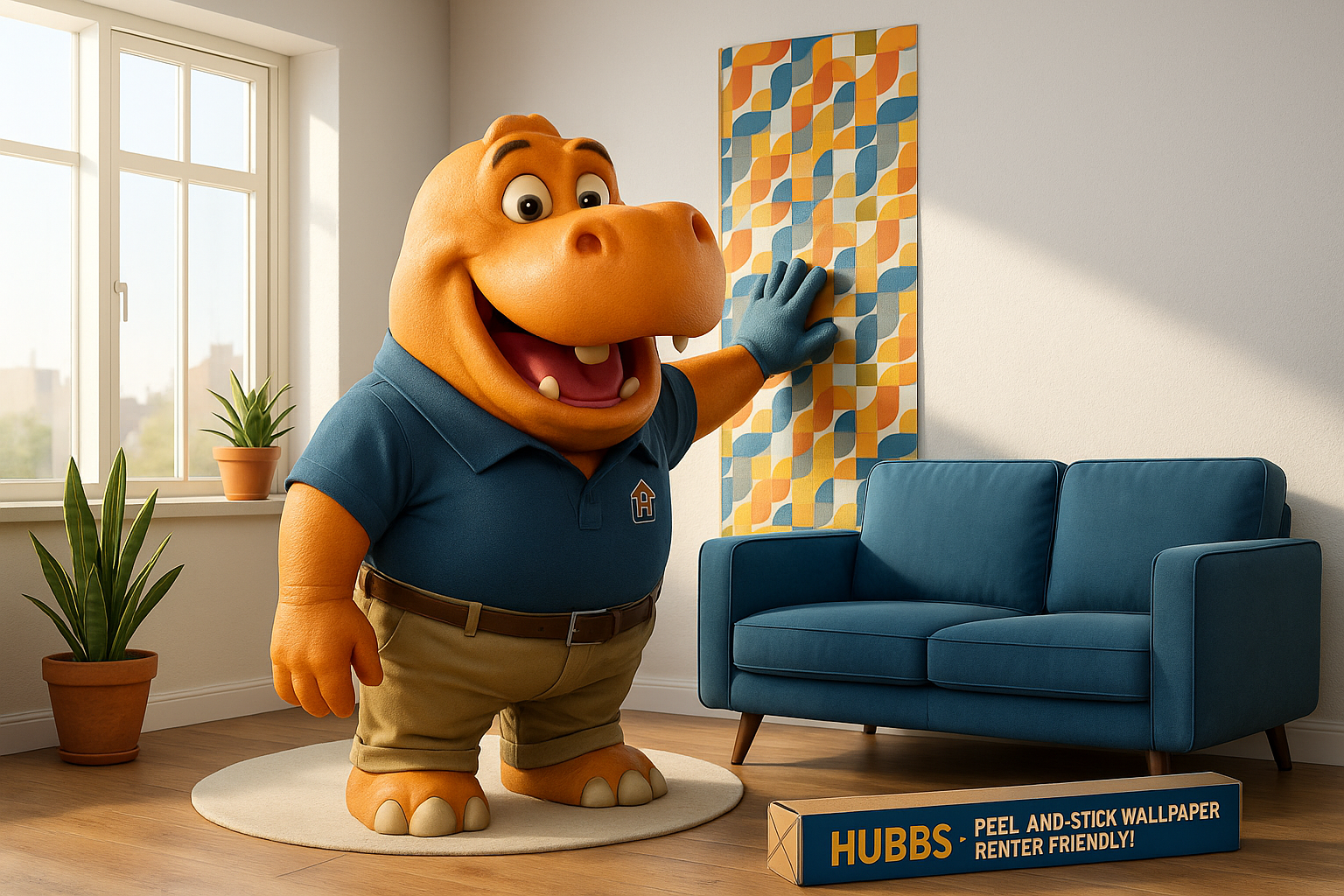Hubbs mascot putting up wallpaper in home