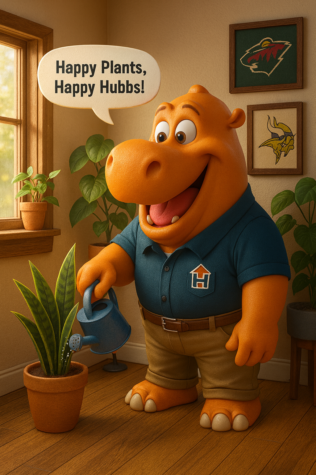 Hubbs mascot watering plants. Comment bubble above head Happy Plants, Happy Hubbs!