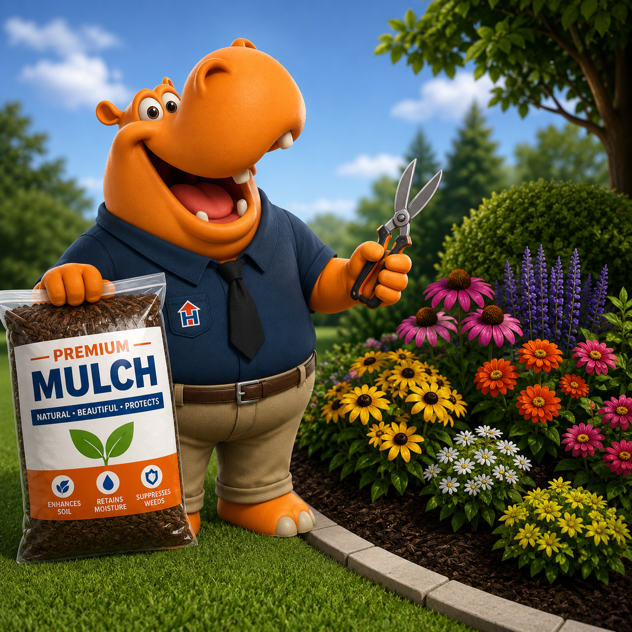 Hubbs the mascot holding a bag of much and a garden clippers by flowers.