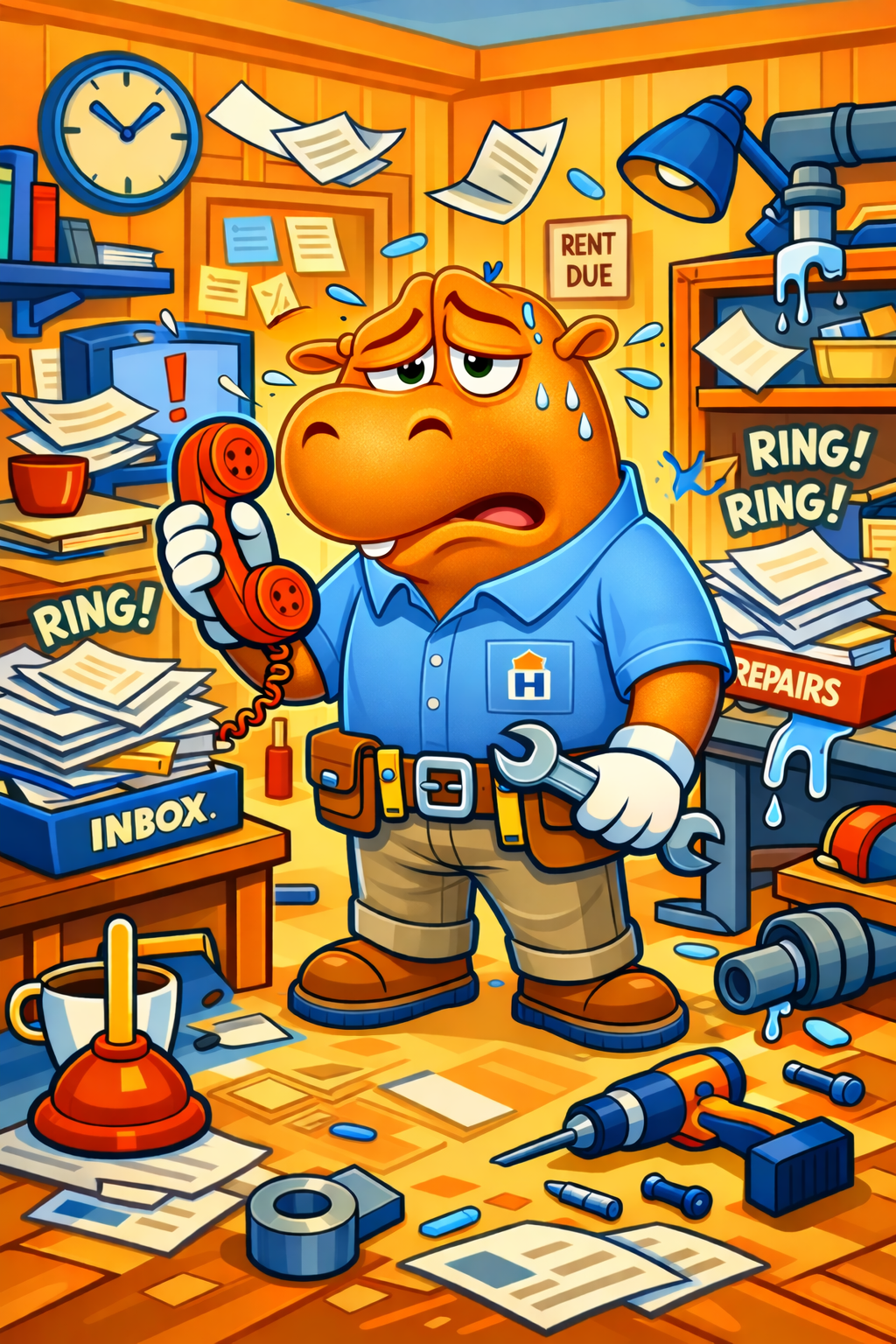Overwhelmed Hubbs the Housing Hub mascot dealing with phones ringing, over flowing papers in the inbox and messy office.