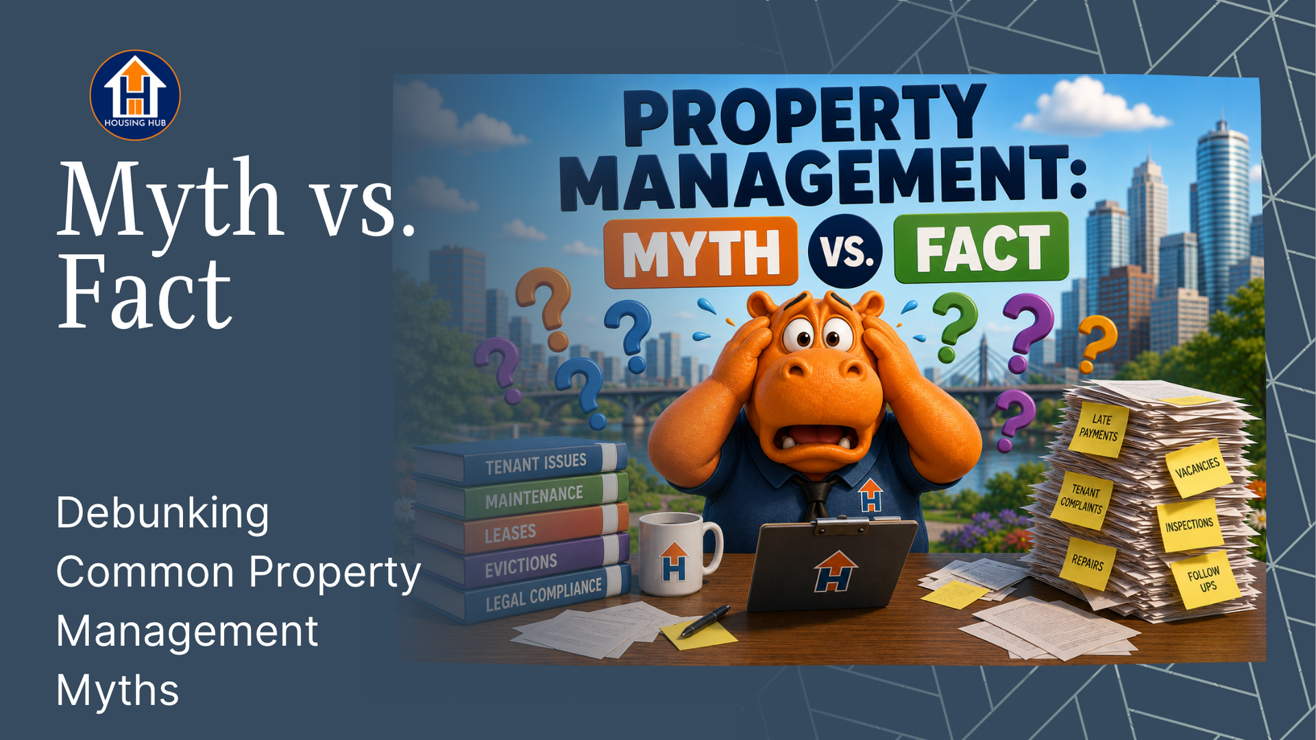 Housing Hub “Myth vs. Fact” graphic featuring an orange hippo mascot looking overwhelmed at a desk, surrounded by property management paperwork labeled late payments, vacancies, tenant complaints, inspections, repairs, and follow-ups. The graphic promotes debunking common property management myths.