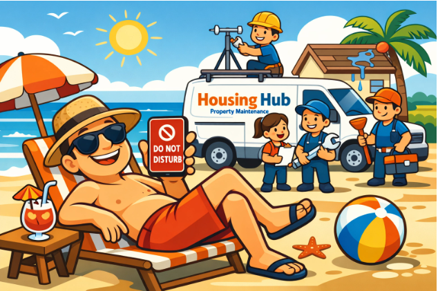 Property owner on vacation, relaxing on a sunny beach with a 'Do Not Disturb' sign, while Housing Hub handles property maintenance in the background.