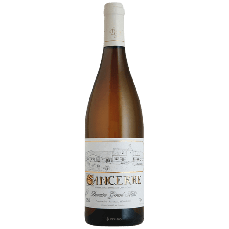 A bottle of sancerre wine with a white label
