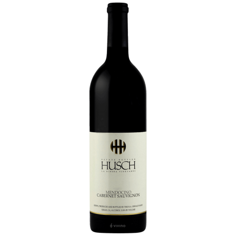 A bottle of husch cabernet sauvignon on a white background