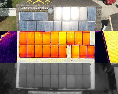 Aerial view of a storefront with blue and orange solar panel-like tiles on the roof and patio