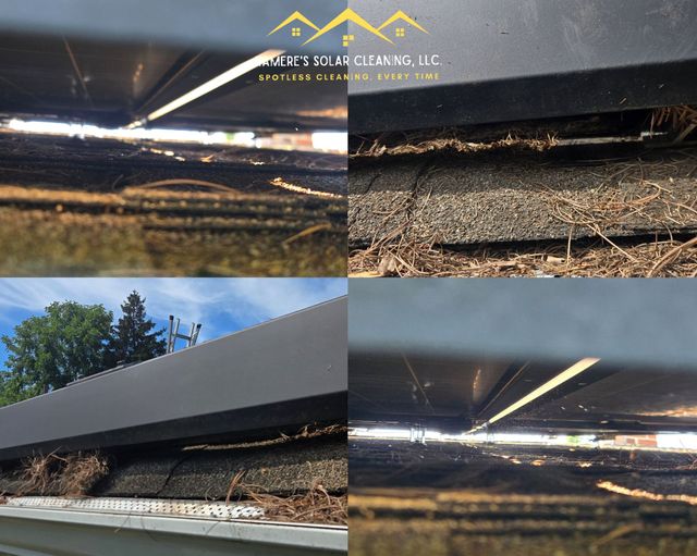 Roof edge with gutter damage and debris, shown in two close-up repair inspection photos.