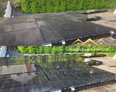 Two views of a black rooftop reflecting sky and greenery, with shingles and a hedge nearby.