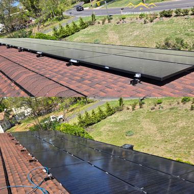 Roof with solar panels before and after installation on a red shingle house, viewed from above