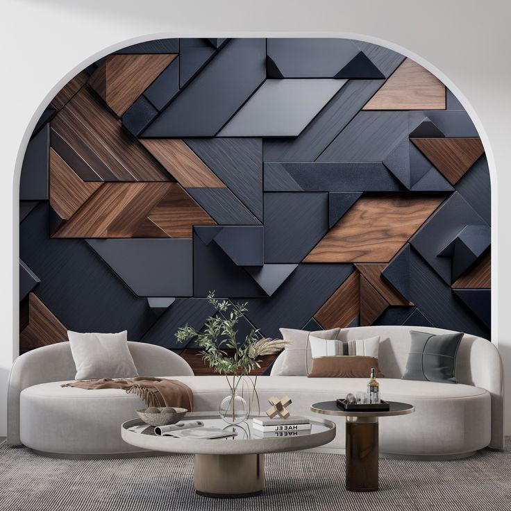 Arched wall feature with geometric wood and dark panel design