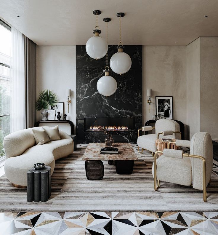 Sophisticated dining room with stone wall, round globe pendant lights, and modern seating