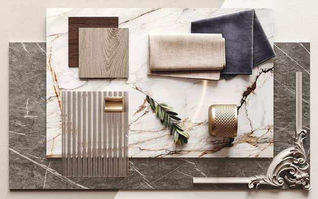 Interior design material board with fabric samples, wood finishes, tile, and metal accents