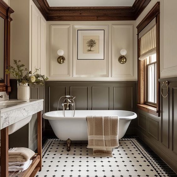 Traditional paneled bathroom or powder room with framed artwork, sconces, and Roman shade