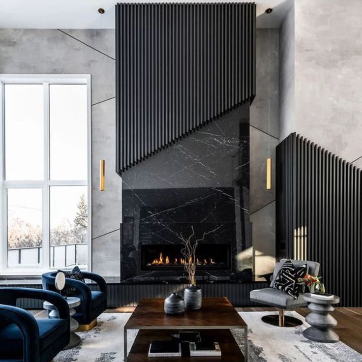 Modern fireplace with black slatted cladding and minimalist gray walls