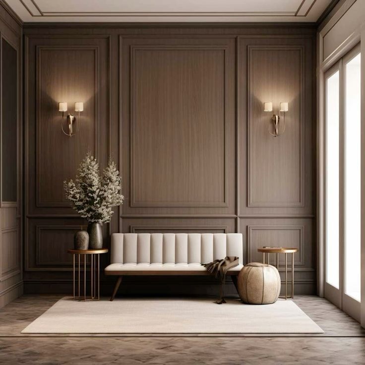 Elegant paneled wall with warm sconces, tall windows, and classic interior molding