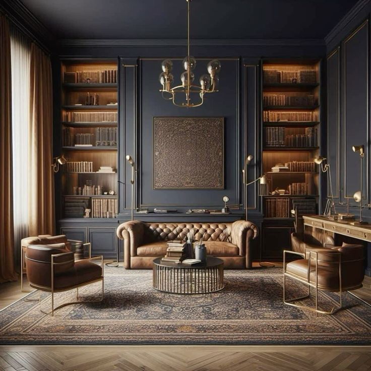 Dark elegant library with built-in bookshelves, chandelier, and dramatic wall paneling