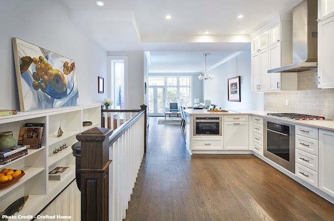 Galley kitchen with white cabinets, stainless appliances, wood flooring, and modern artwork
