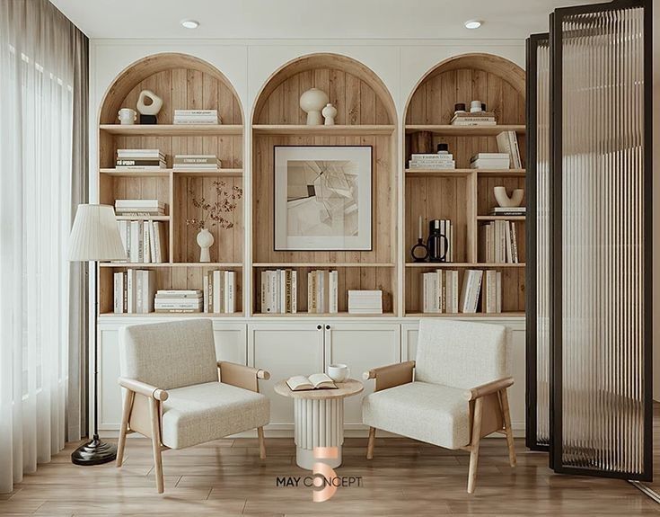 Elegant living room with arched built-in shelving, neutral seating, and decorative objects