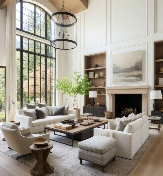 Bright living room with arched window, wall paneling, built-in shelves, and round chandelier