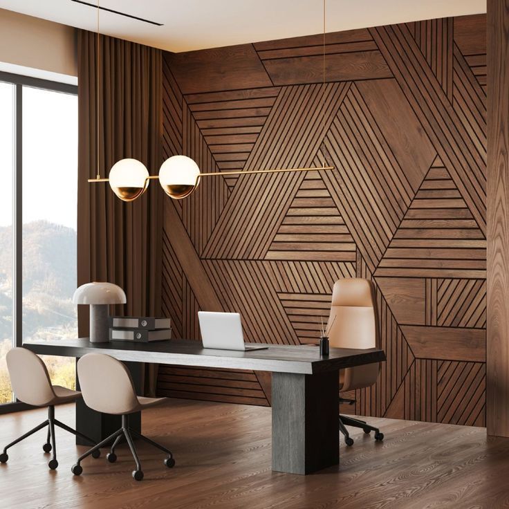 Geometric wood feature wall with globe pendant light and modern architectural pattern