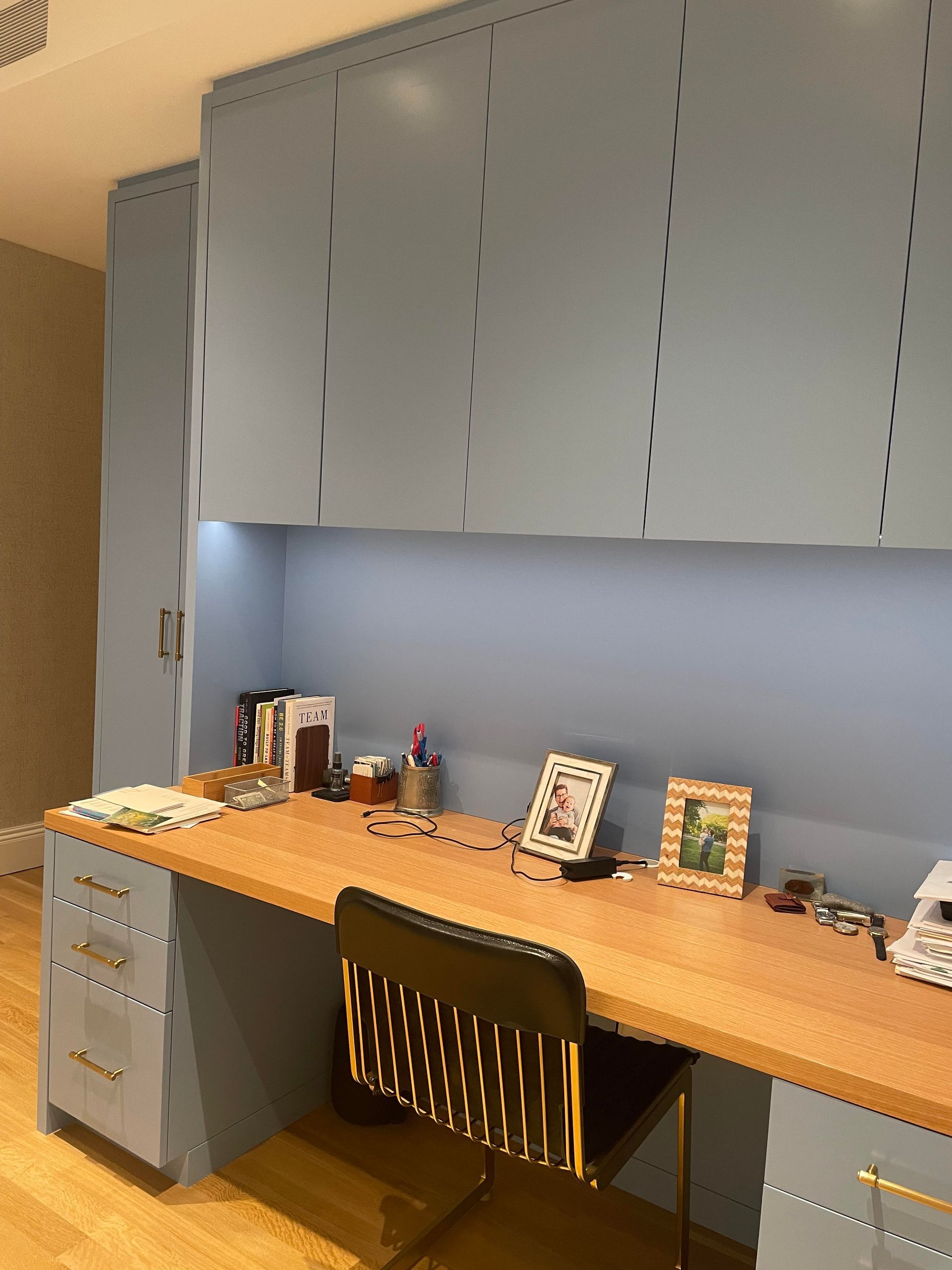 Home Office Smooth gray built-in cabinet doors with a clean modern finish