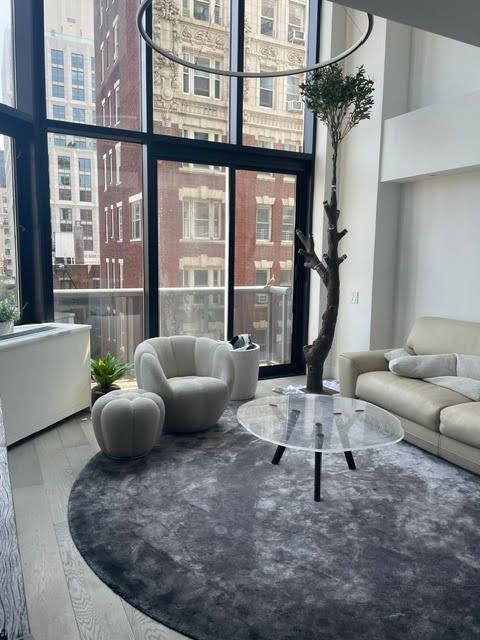 Bright city apartment window with black frame, tall plant, and hanging light fixture and modern furniture interior 