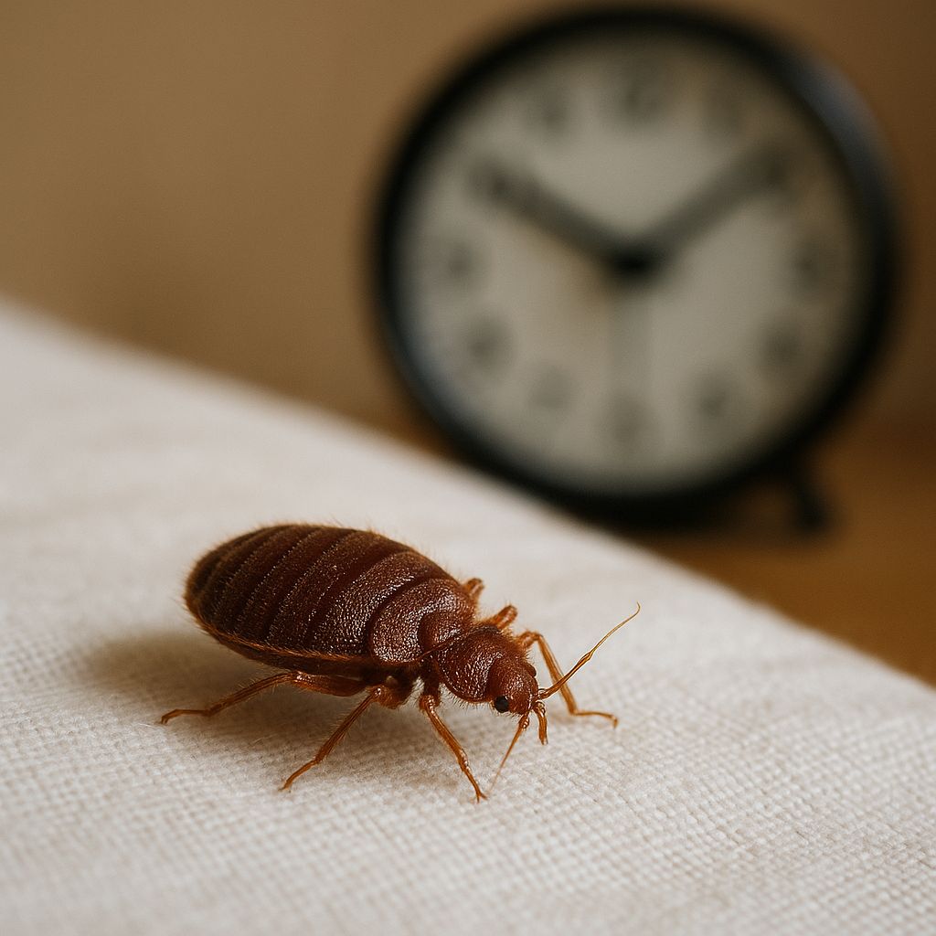 punaise de lit sur un lit devant une horloge